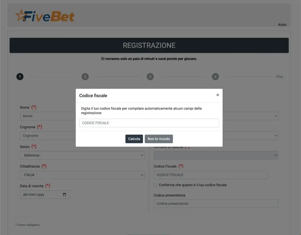 Modulo di iscrizione FiveBet
